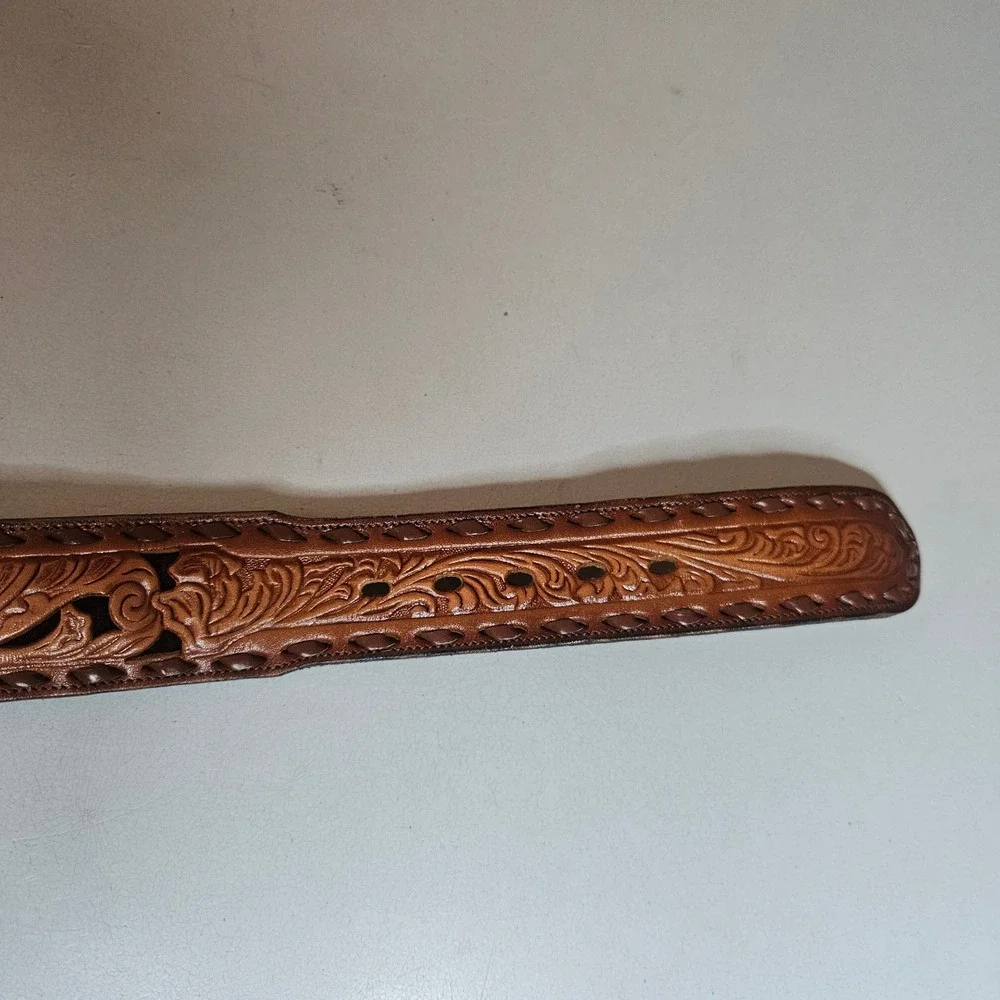 Tony Lama Vintage Hand Tooled Leather Floral Filigree Belt Tan Brown 30 48638
